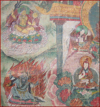 ANTIQUE 19THC THANKA GURU RIMPOCHE MANY DEITIES TIBET  