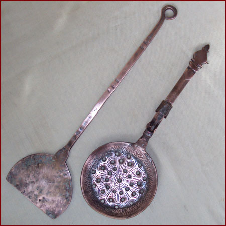 OLD PAIR OF COPPER COOKING UTENSILS SPATULA STRAINER ENGRAVED 