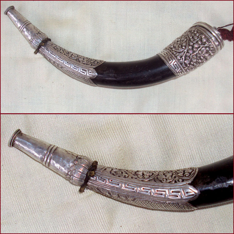 TIBET ANTIQUE POWDER HORN SILVER FOLIATE DESIGN YAK HORN HEAVY CAST | eBay