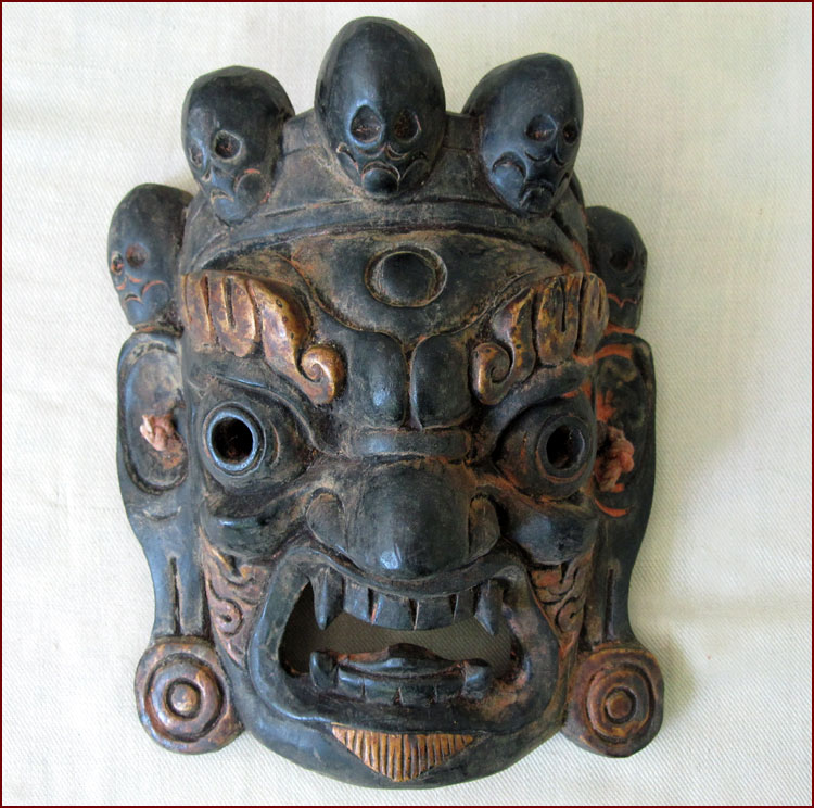 SMALL CARVED MAHAKALA WOOD MASK TIBET NEPAL GREAT SKULLS GOLD EYEBROWS ...